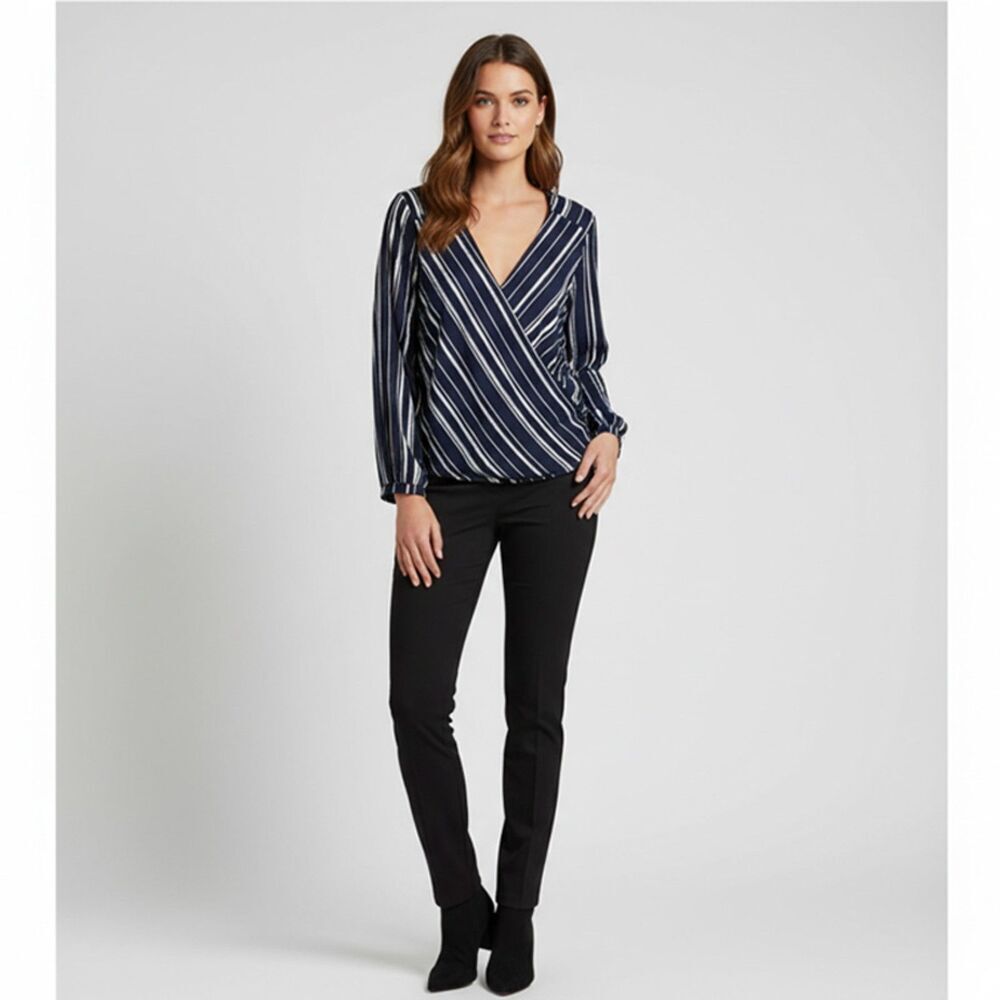 LUSH Wrap Front Lunging V-Neck Long Sleeve Navy & White High Low Hem Top Size L